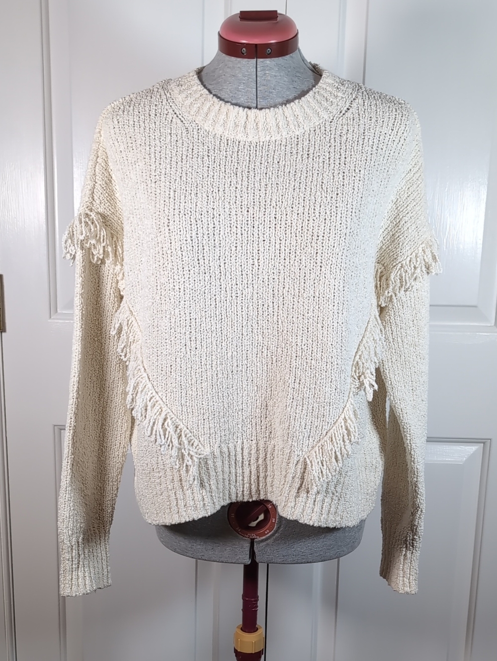 Madewell Montford Ivory Fringe Pullover Knit Sweater Cream Chunky Crochet S